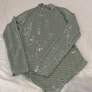 iris Sage Green Sequin Stripe Long-Sleeve Bodysuit